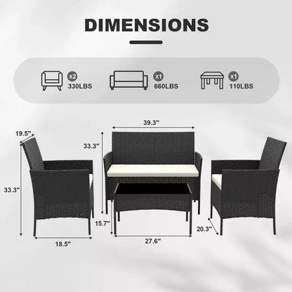 Set da 4 mobili da giardino, sedie in rattan da esterno, divano in rattan All-Weather Dialogue con imbottitura e tavolino in vetro