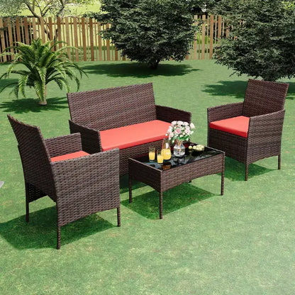 Set da 4 mobili da giardino, sedie in rattan da esterno, divano in rattan All-Weather Dialogue con imbottitura e tavolino in vetro