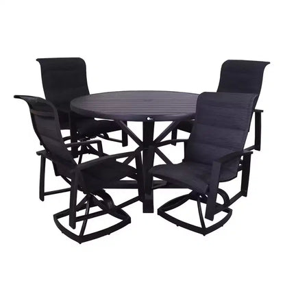 Courtyard Casual Santorini 5 pc Motion 48 Round Dining set Includes: One Round Table and Four Padded Swivel Sling Chairs