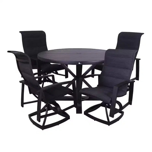 Courtyard Casual Santorini 5 pc Motion 48 Round Dining set Includes: One Round Table and Four Padded Swivel Sling Chairs