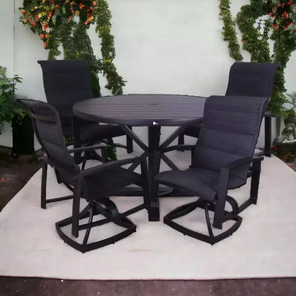Set da pranzo rotondo Santorini 5 pezzi Courtyard Casual con movimento, 48 pollici Include: un tavolo rotondo e quattro sedie a fionda girevoli imbottite