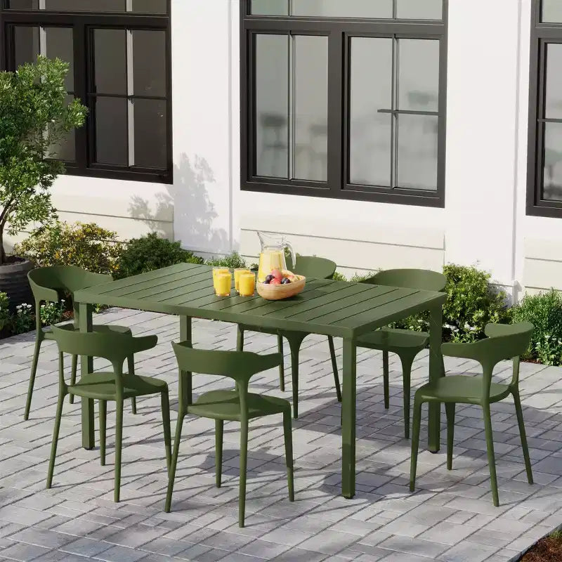 WestinTrends Playa Set da Pranzo da Esterno in Metallo Rettangolare a 7 Pezzi con Sedie da Pranzo Impilabili in Plastica per 6 Persone