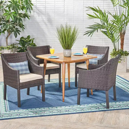 Set da pranzo da 5 pezzi Christopher Knight Home Damas da esterno in legno di acacia e vimini con cuscini
