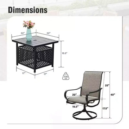 Captiva Designs Tavolo Bistrot Quadrato 3 Pezzi per Patio e Sedie Girevoli con Tessuto Textilene Grigio-Marrone