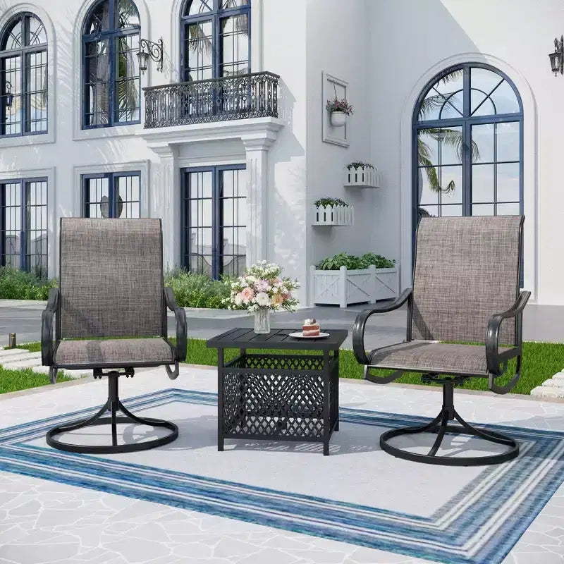 Captiva Designs Tavolo Bistrot Quadrato 3 Pezzi per Patio e Sedie Girevoli con Tessuto Textilene Grigio-Marrone
