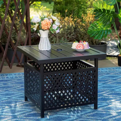 Captiva Designs Tavolo da pranzo quadrato e sedie con braccioli in acciaio per esterni con piano a doghe, set da 3 pezzi