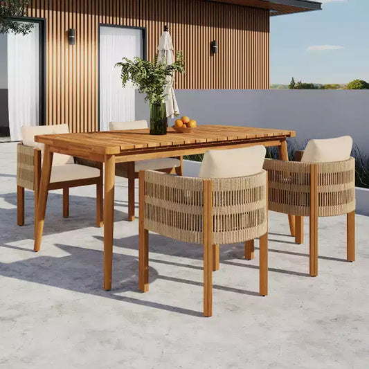 Christopher Knight Home Corin Elara 5 Piece Patio Acacia Wood Woven Rope Dining Set with Slatted Table and Cushions