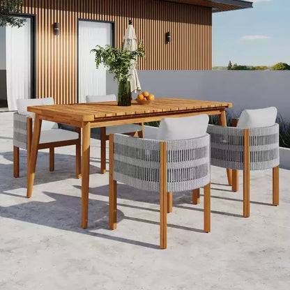 Christopher Knight Home Corin Elara Set da pranzo da 5 pezzi in legno di acacia con corda intrecciata, tavolo a doghe e cuscini