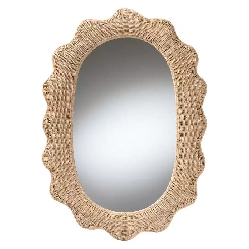 Scalloped Natural Rattan Wall Mirror ¨C Oval Boho Coastal, 95,3 cm High