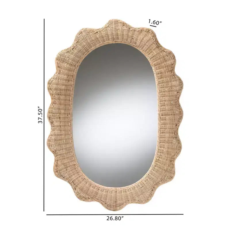 Scalloped Natural Rattan Wall Mirror ¨C Oval Boho Coastal, 95,3 cm High