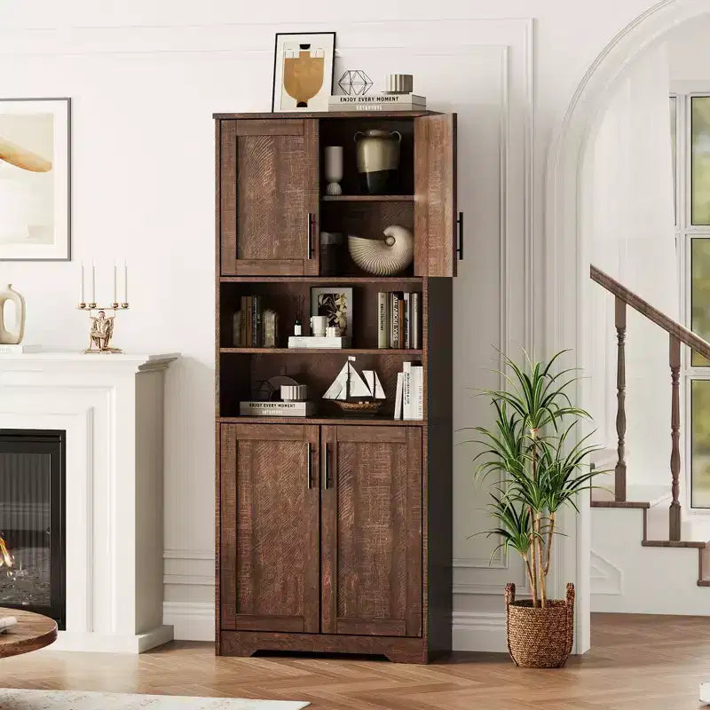 Mobile Contenitore con Ripiani Regolabili e Ante in Vetro, Credenza per Soggiorno, Dispensa da Cucina Autoportante, Mobiletto per Bagno