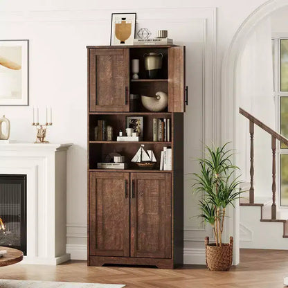 Mobile Contenitore con Ripiani Regolabili e Ante in Vetro, Credenza per Soggiorno, Dispensa da Cucina Autoportante, Mobiletto per Bagno