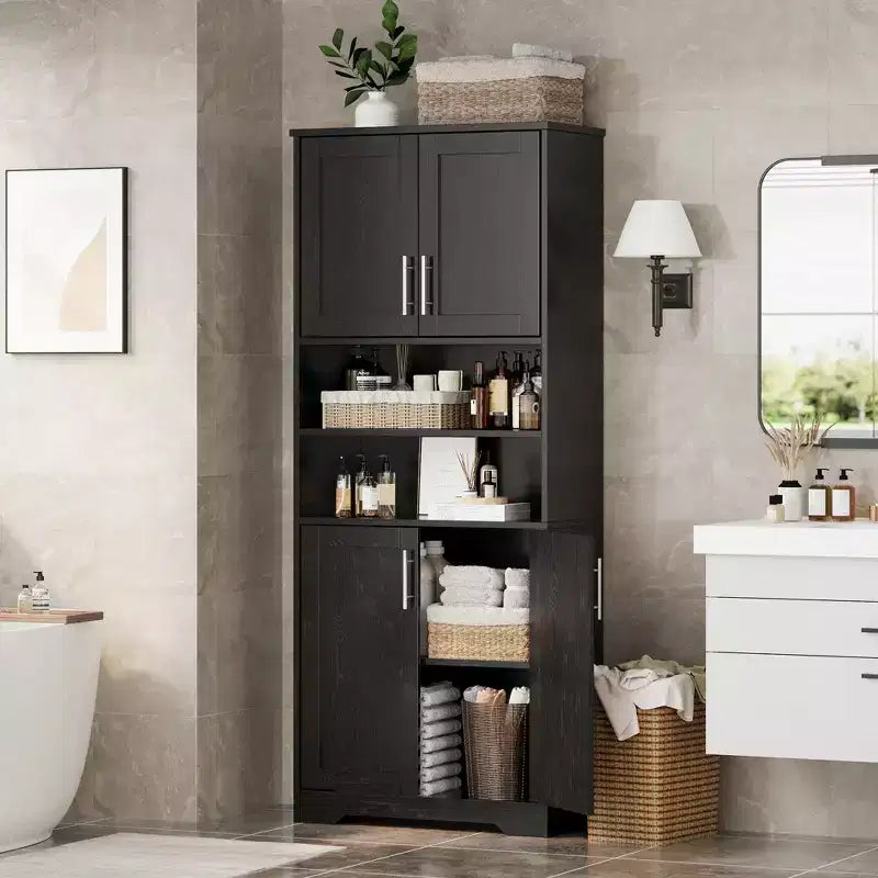 Mobile Contenitore con Ripiani Regolabili e Ante in Vetro, Credenza per Soggiorno, Dispensa da Cucina Autoportante, Mobiletto per Bagno