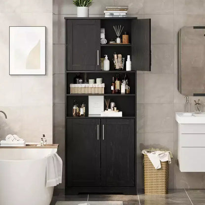 Mobile Contenitore con Ripiani Regolabili e Ante in Vetro, Credenza per Soggiorno, Dispensa da Cucina Autoportante, Mobiletto per Bagno