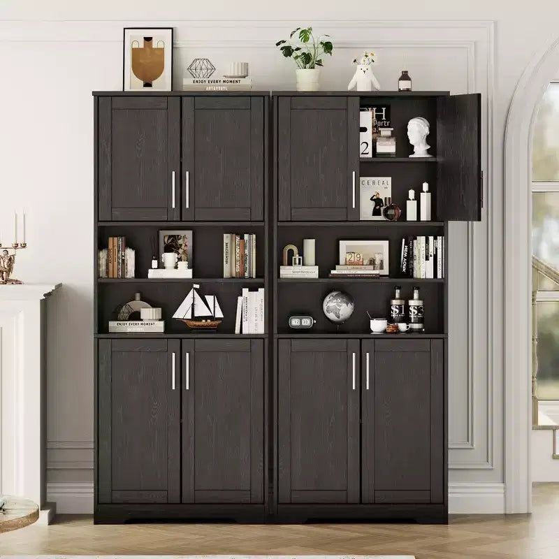 Mobile Contenitore con Ripiani Regolabili e Ante in Vetro, Credenza per Soggiorno, Dispensa da Cucina Autoportante, Mobiletto per Bagno