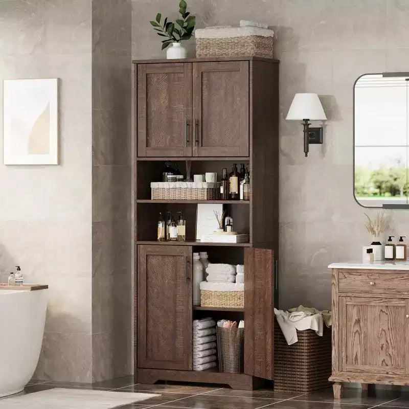 Mobile Contenitore con Ripiani Regolabili e Ante in Vetro, Credenza per Soggiorno, Dispensa da Cucina Autoportante, Mobiletto per Bagno