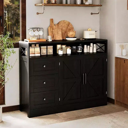 47 Farmhouse Sideboard Buffet Cabinet, Coffee Bar Kitchen Buffet Cabinet with 3 Drawers and Barn Doors, Adjustable Shelves for Home