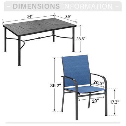 Captiva Designs Ensemble de salle à manger d'extérieur 7 pièces en acier rectangulaire avec motif géométrique et chaises fixes en toile
