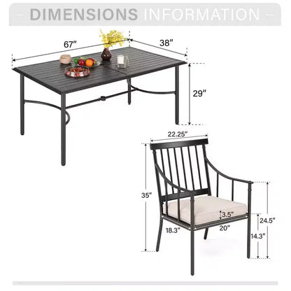 Captiva Designs Tavolo da pranzo da esterno in acciaio da 7 pezzi con piano a doghe e foro per ombrellone e sedie in metallo imbottite eleganti