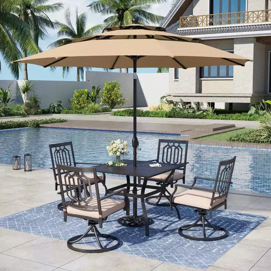 Captiva Designs 6pc Outdoor Patio Steel Dining Table & Swivel Metal Chairs & Market Umbrella