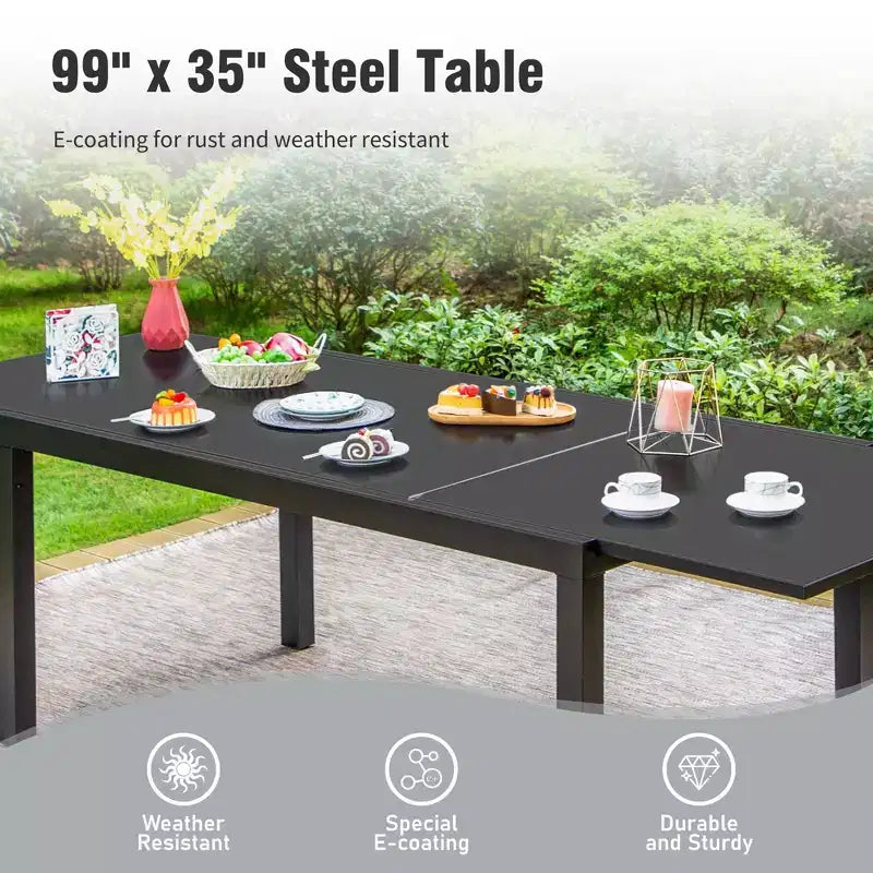 Captiva Designs Set da 9 Pezzi per Esterni con Tavolo da Pranzo Estensibile in Acciaio e Sedie a Mezzaluna in Rattan