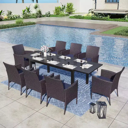 Captiva Designs Set da 9 Pezzi per Esterni con Tavolo da Pranzo Estensibile in Acciaio e Sedie a Mezzaluna in Rattan