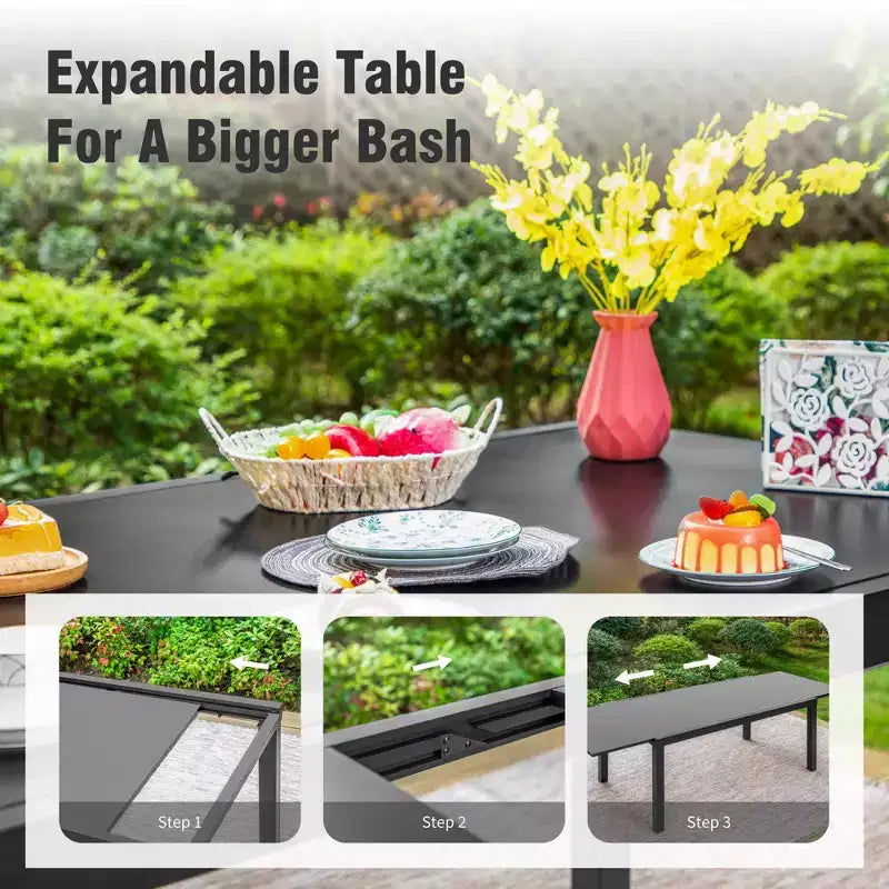 Captiva Designs Set da 9 Pezzi per Esterni con Tavolo da Pranzo Estensibile in Acciaio e Sedie a Mezzaluna in Rattan