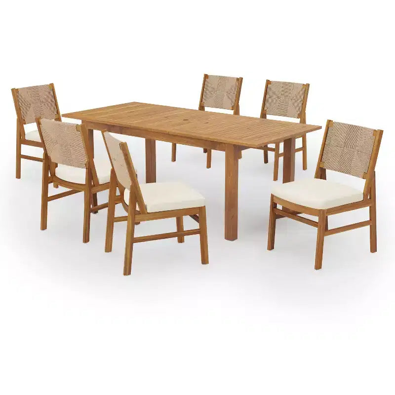 Ensemble de salle à manger 7 pièces extensible d'extérieur Christopher Knight Home Allison en bois d'acacia et osier tressé avec coussins