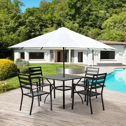 VINGLI Ensemble de salle à manger d'extérieur 5 pièces, ensemble de salle à manger de patio en métal pour 4, table à manger carrée avec trou pour parasol et 4 chaises de patio pour porche, balcon