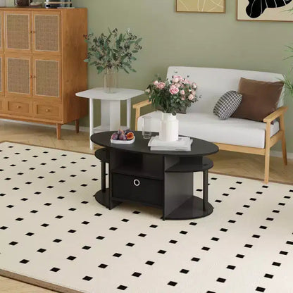 Tavolino moderno ovale con ripiani laterali e contenitore in tessuto per il soggiorno