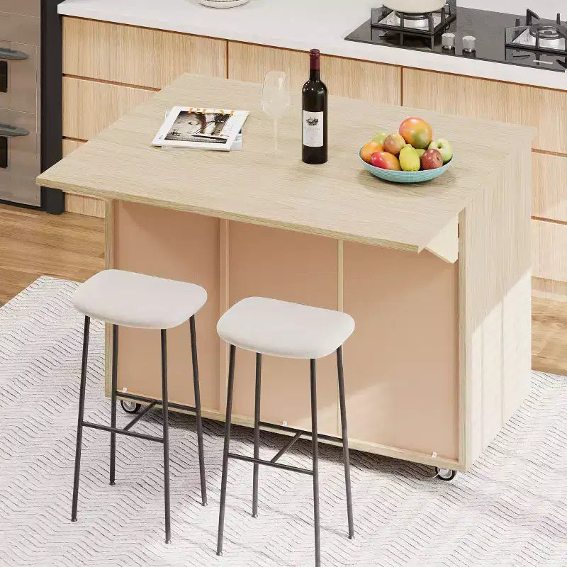 Isola da Cucina con Anta a Ribalta e Ante Intrecciate a Mano, Carrello con Ripiano Interno, Piano di Lavoro
