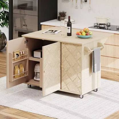 Isola da Cucina con Anta a Ribalta e Ante Intrecciate a Mano, Carrello con Ripiano Interno, Piano di Lavoro