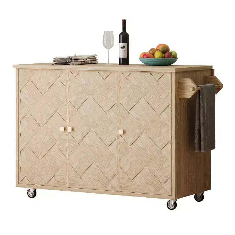 Isola da Cucina con Anta a Ribalta e Ante Intrecciate a Mano, Carrello con Ripiano Interno, Piano di Lavoro