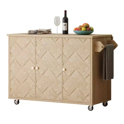Isola da Cucina con Anta a Ribalta e Ante Intrecciate a Mano, Carrello con Ripiano Interno, Piano di Lavoro