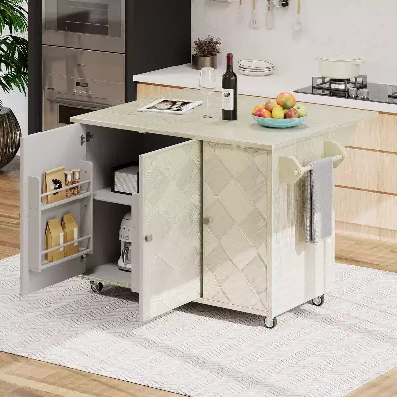 Isola da Cucina con Anta a Ribalta e Ante Intrecciate a Mano, Carrello con Ripiano Interno, Piano di Lavoro