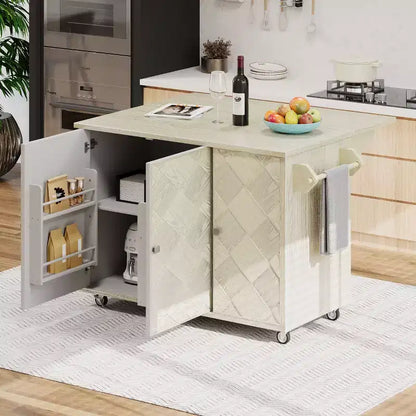 Isola da Cucina con Anta a Ribalta e Ante Intrecciate a Mano, Carrello con Ripiano Interno, Piano di Lavoro