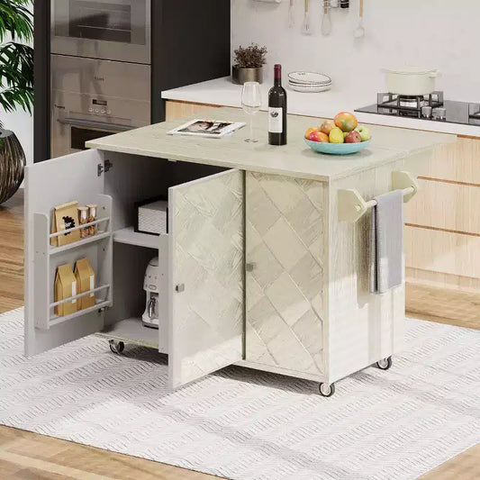 Isola da Cucina con Anta a Ribalta e Ante Intrecciate a Mano, Carrello con Ripiano Interno, Piano di Lavoro