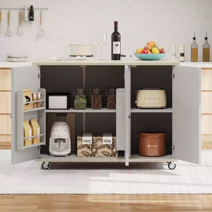 Isola da Cucina con Anta a Ribalta e Ante Intrecciate a Mano, Carrello con Ripiano Interno, Piano di Lavoro
