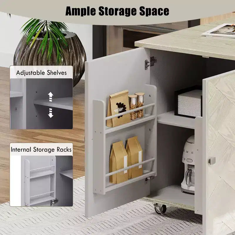 Isola da Cucina con Anta a Ribalta e Ante Intrecciate a Mano, Carrello con Ripiano Interno, Piano di Lavoro