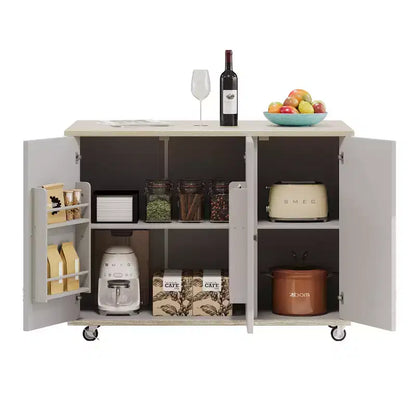 Isola da Cucina con Anta a Ribalta e Ante Intrecciate a Mano, Carrello con Ripiano Interno, Piano di Lavoro