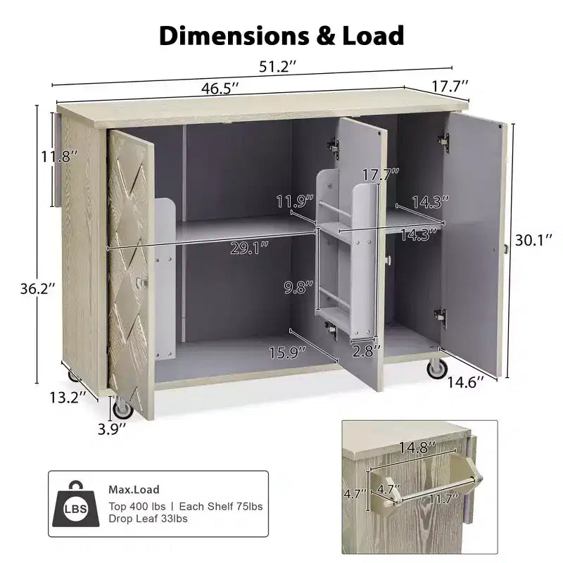 Isola da Cucina con Anta a Ribalta e Ante Intrecciate a Mano, Carrello con Ripiano Interno, Piano di Lavoro