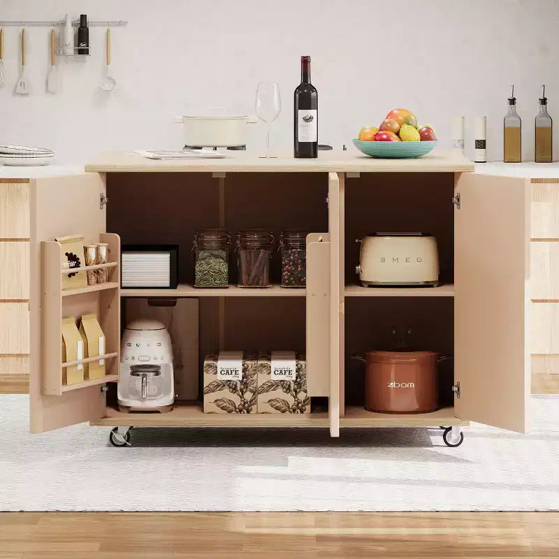 Isola da Cucina con Anta a Ribalta e Ante Intrecciate a Mano, Carrello con Ripiano Interno, Piano di Lavoro