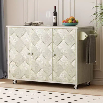 Okak Kitchen Island with Drop Leaf and Handwoven Doors, Kitchen Cart with Internal Storage Rack, Countertop Organizer for Kitchen