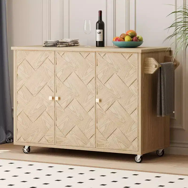 Isola da Cucina con Anta a Ribalta e Ante Intrecciate a Mano, Carrello con Ripiano Interno, Piano di Lavoro