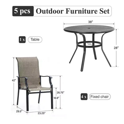 Captiva Designs Set da pranzo da 5 pezzi per esterni con tavolo rotondo in acciaio con piano a doghe nero e sedie a fionda con struttura in acciaio