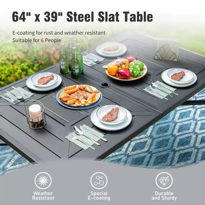 Captiva Designs Ensemble de salle à manger d'extérieur 7 pièces avec table en acier à lattes et chaises en rotin avec coussins amovibles