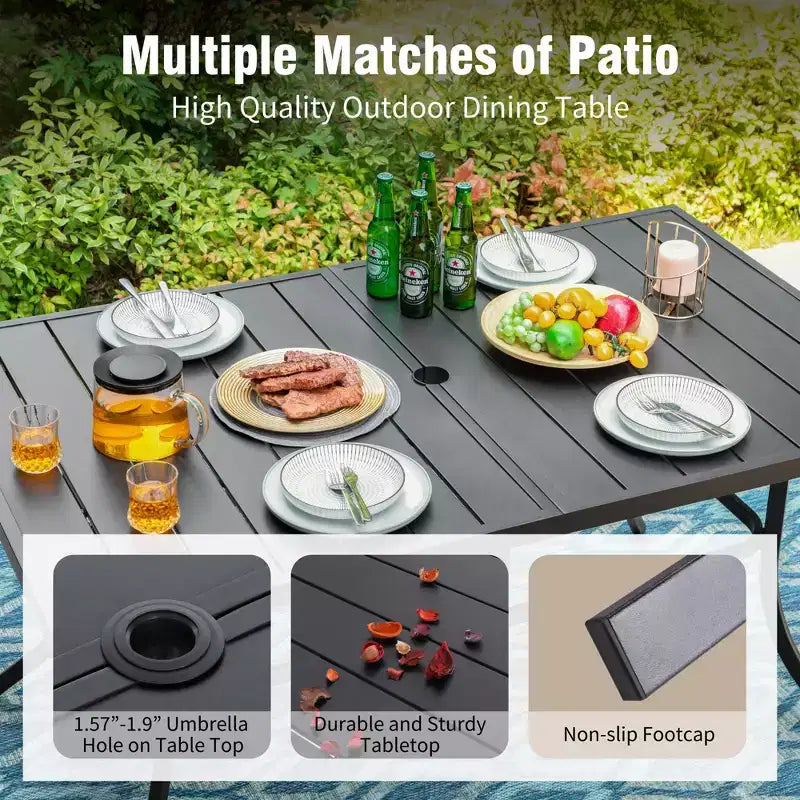 Captiva Designs Ensemble de salle à manger d'extérieur 7 pièces avec table en acier à lattes et chaises en rotin avec coussins amovibles