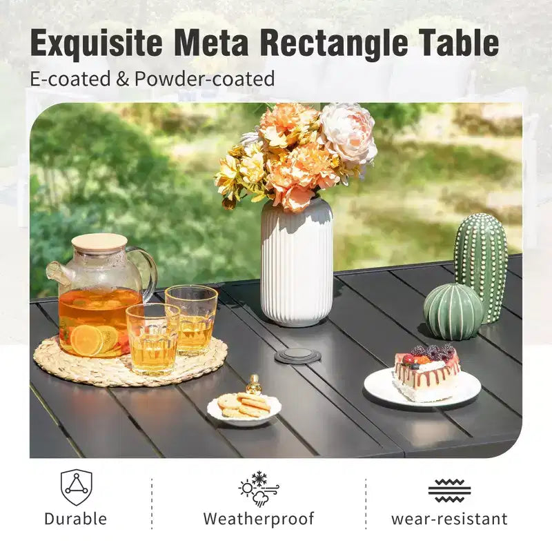 Captiva Designs Ensemble de salle à manger d'extérieur 7 pièces avec table en acier à lattes et chaises en rotin avec coussins amovibles