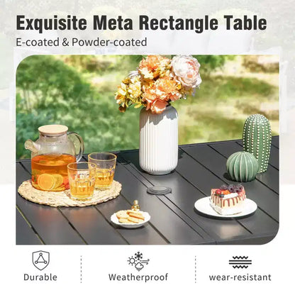Captiva Designs Ensemble de salle à manger d'extérieur 7 pièces avec table en acier à lattes et chaises en rotin avec coussins amovibles