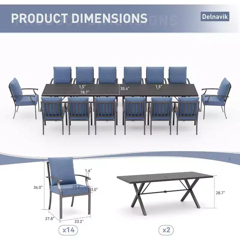 ALAULM Ensemble de Salle à Manger d'extérieur 16 pièces, Meubles de Patio en Métal avec 14 Chaises Fixes et 2 Grandes Tables avec Parasol pour Jardin